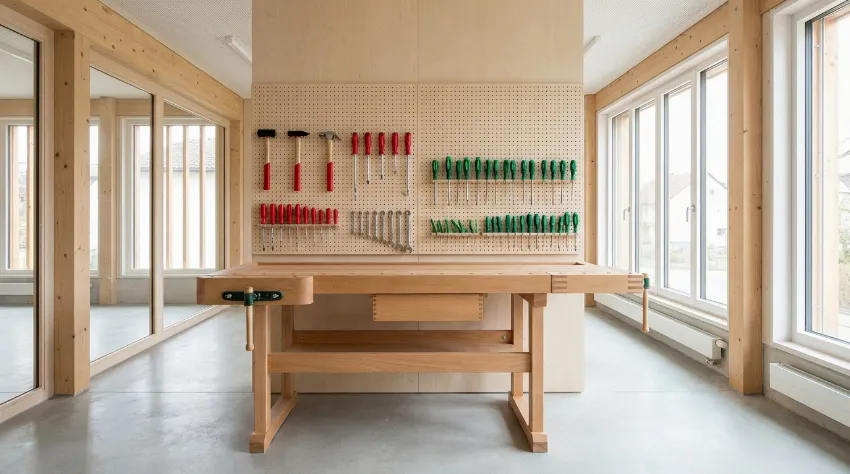 Delovna miza z orodjem razvrščenim po barvah in namembnosti