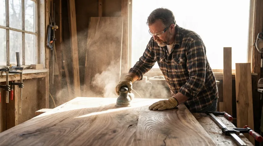 Moški brusi leseno mizo z električnim brusilnikom