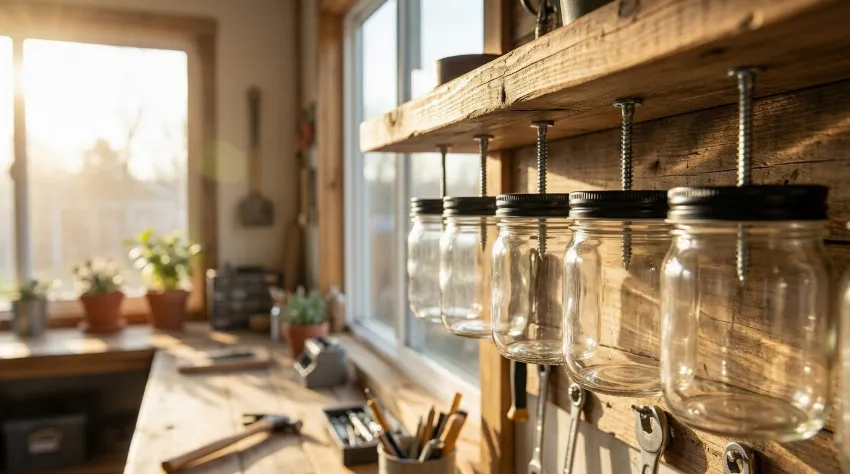 Stekleni kozarci z vijaki pritrjeni pod leseno polico