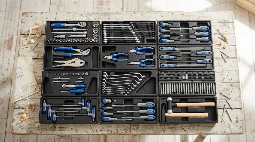 Osnovni komplet orodja razporejen na leseni mizi