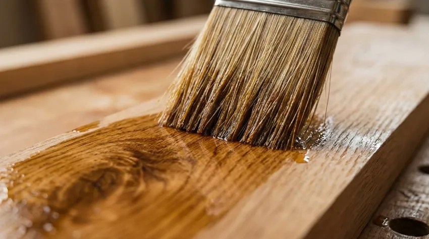 Nanos zaščitnega olja na leseno površino s čopičem