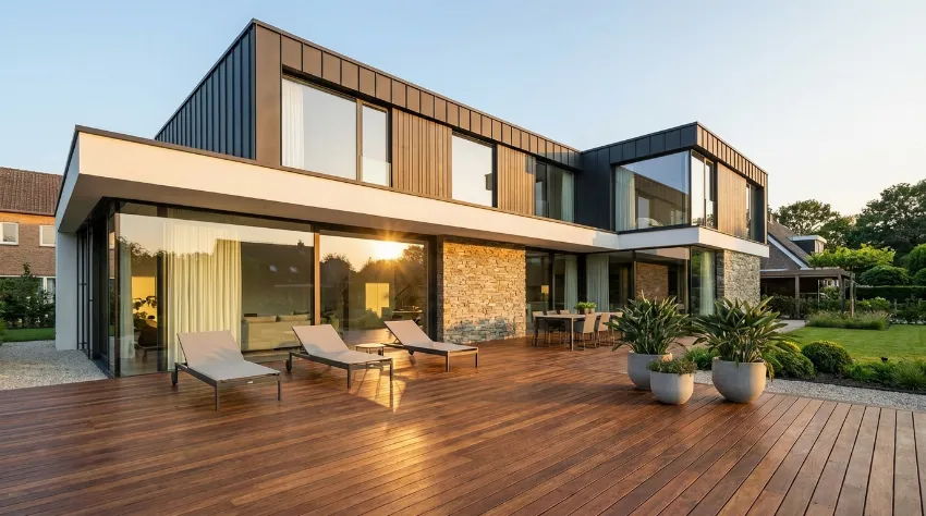 Sveže obnovljena lesena terasa ob sodobni hiši