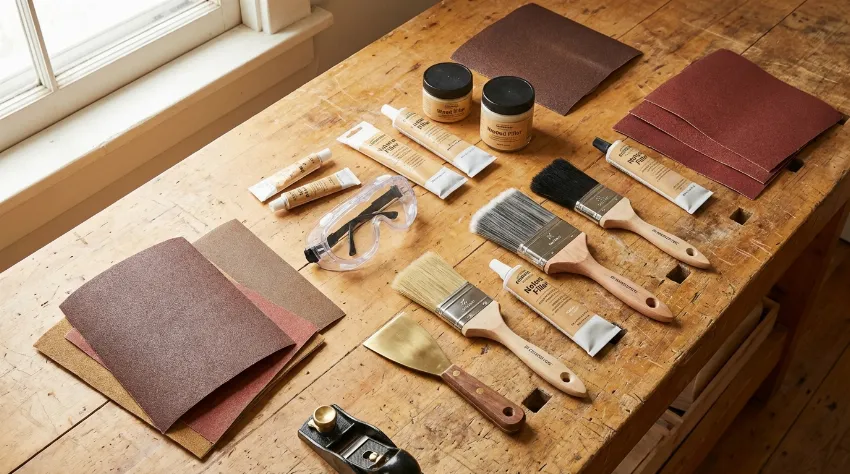 Orodje za obnovo lesa: brusni papir, čopiči, kit in zaščitna očala
