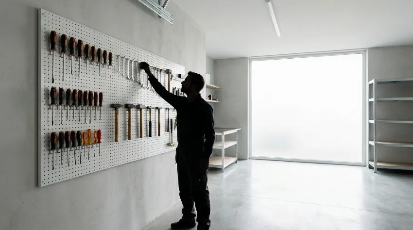 Perforirana stena z obešenim orodjem v urejeni delavnici