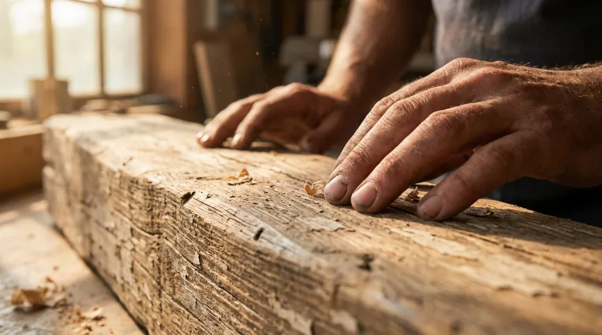 Pregledovanje teksture starega lesa pred obnovo