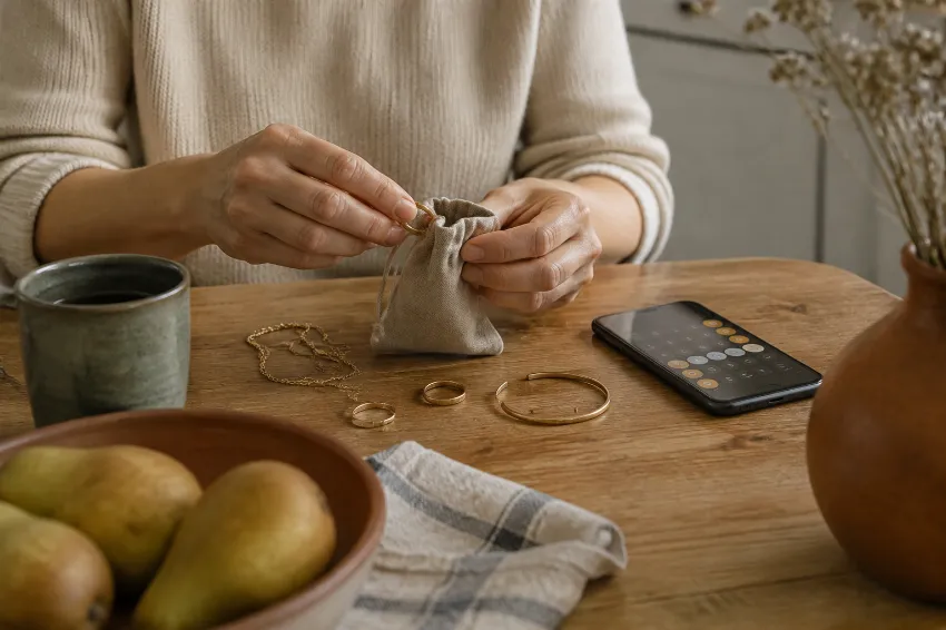 Star zlat nakit, pripravljen za oceno odkupne vrednosti